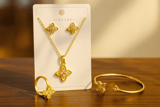 O'Zone Gold Plated Four-Leaf Clover Jewelry Set (4Pcs) - O'ZONE